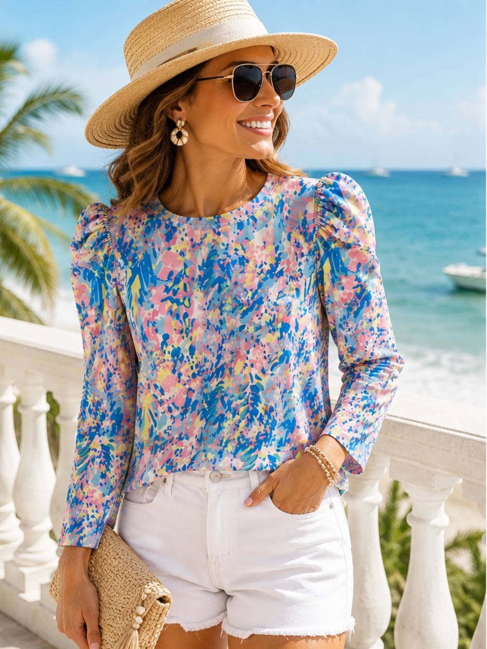 Ivicoer Fashion Multicolor Art to Wear Abstract Puff Sleeve Stretch Coastal Top
